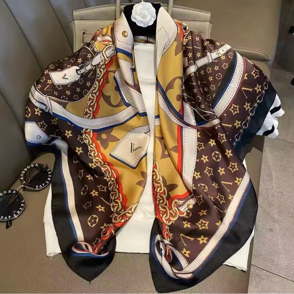 Luxury Designer Patterned Scarf - Black, Brown, Gold